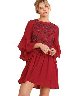 Umgee Boho Bliss Ruffled Sleeve Embroidered Dress X-Large Strawberry Red